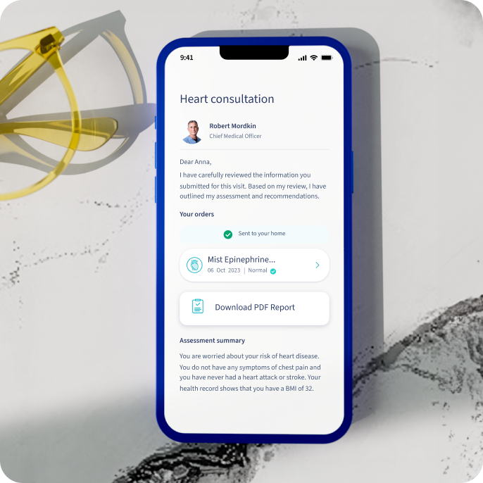Smartphone screen displaying a heart consultation report, placed on a white surface.