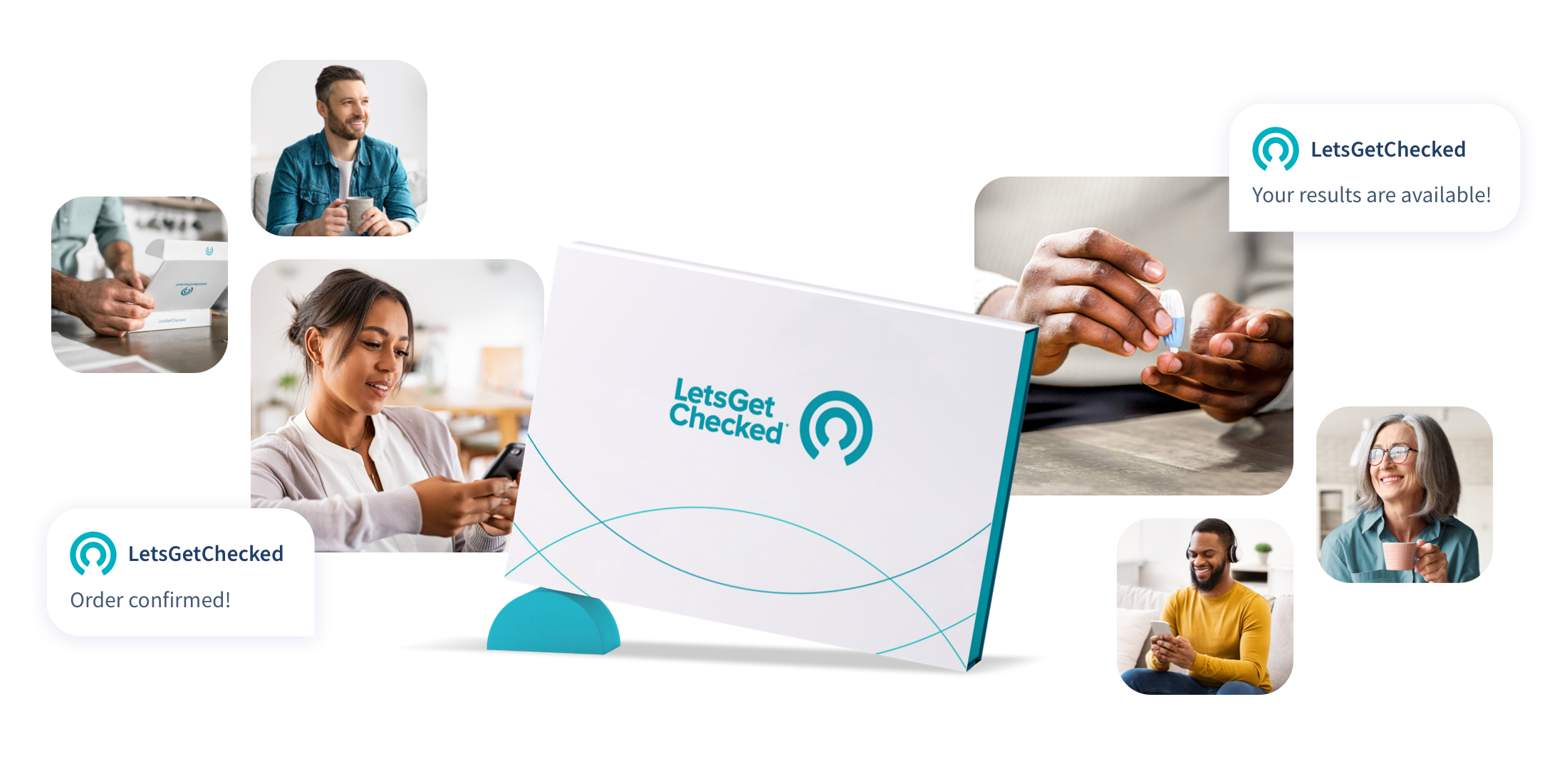 LetsGetChecked test box with order and collection process images inset LetsGetChecked test box with order and collection process images inset
