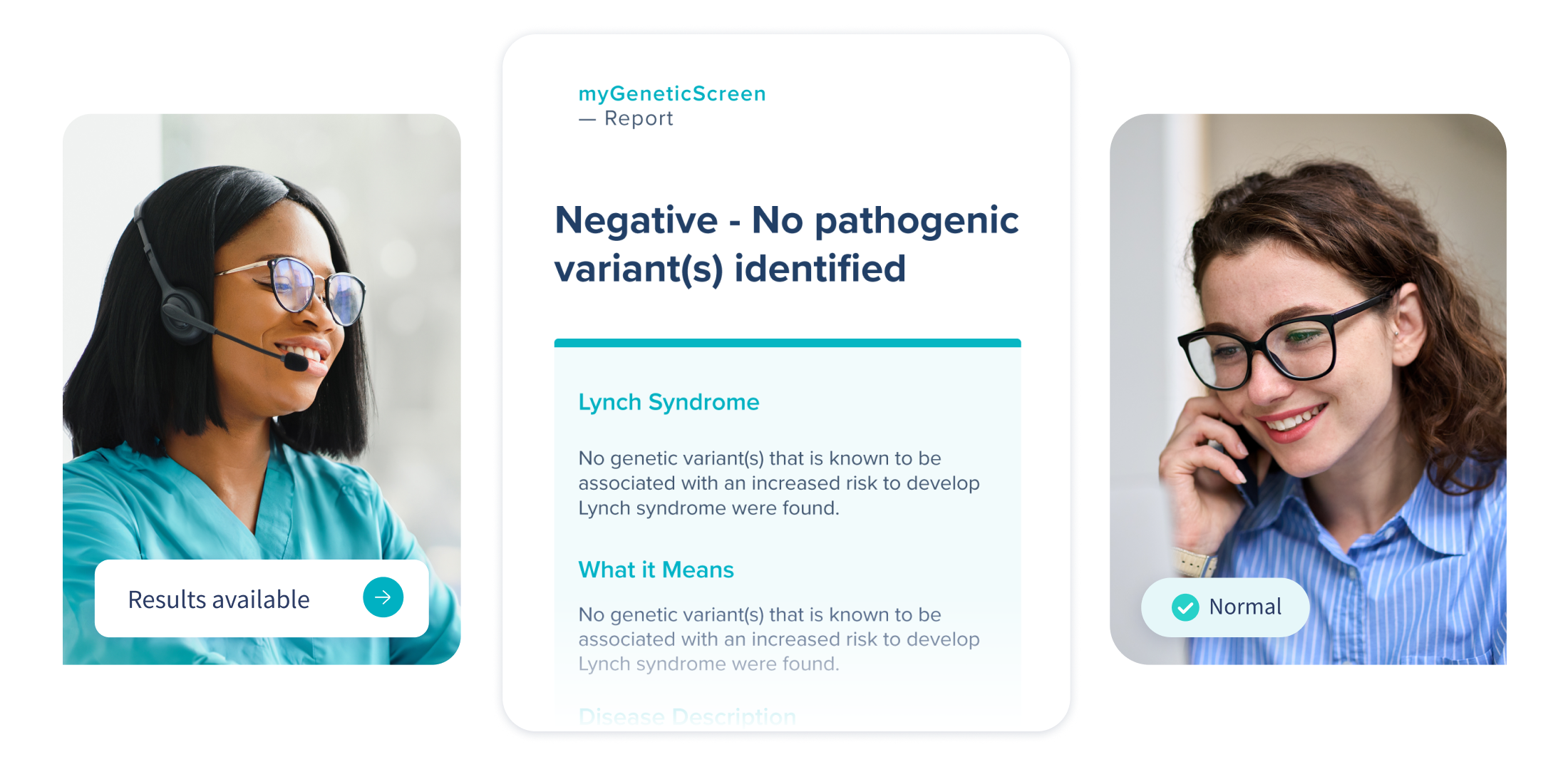 Collage showing a healthcare professional discussing the myGenetic screen report to a woman over a phone call.