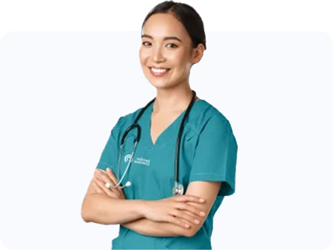 Female healthcare professional smiling with stethoscope.