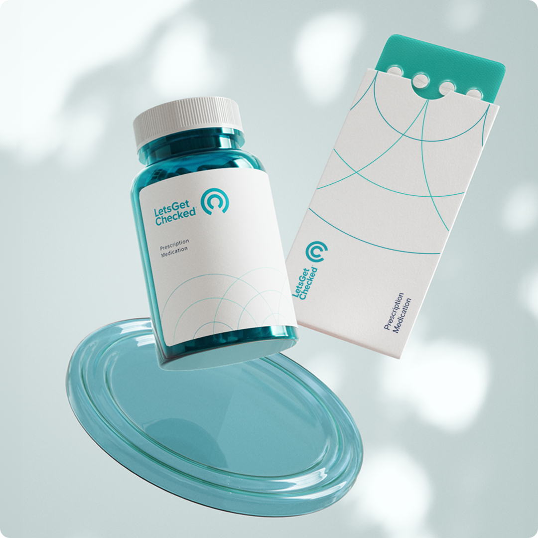 Floating LetsGetChecked branded pill bottle, and tablet box. Floating LetsGetChecked branded pill bottle, and tablet box.