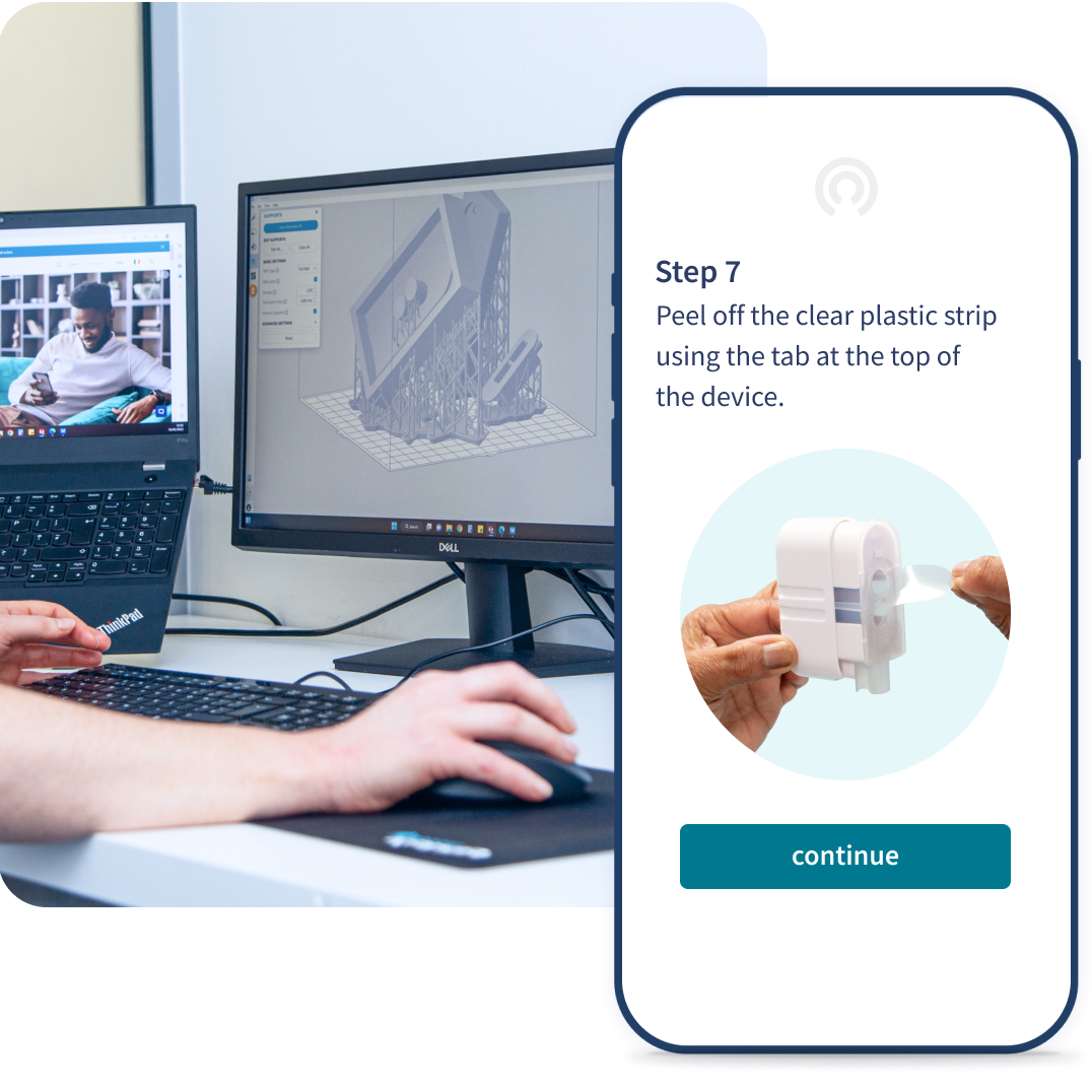 Product designer working on a 3D model of a medical device on a computer, alongside a smartphone screen showing usage instructions. Product designer working on a 3D model of a medical device on a computer, alongside a smartphone screen showing usage instructions.