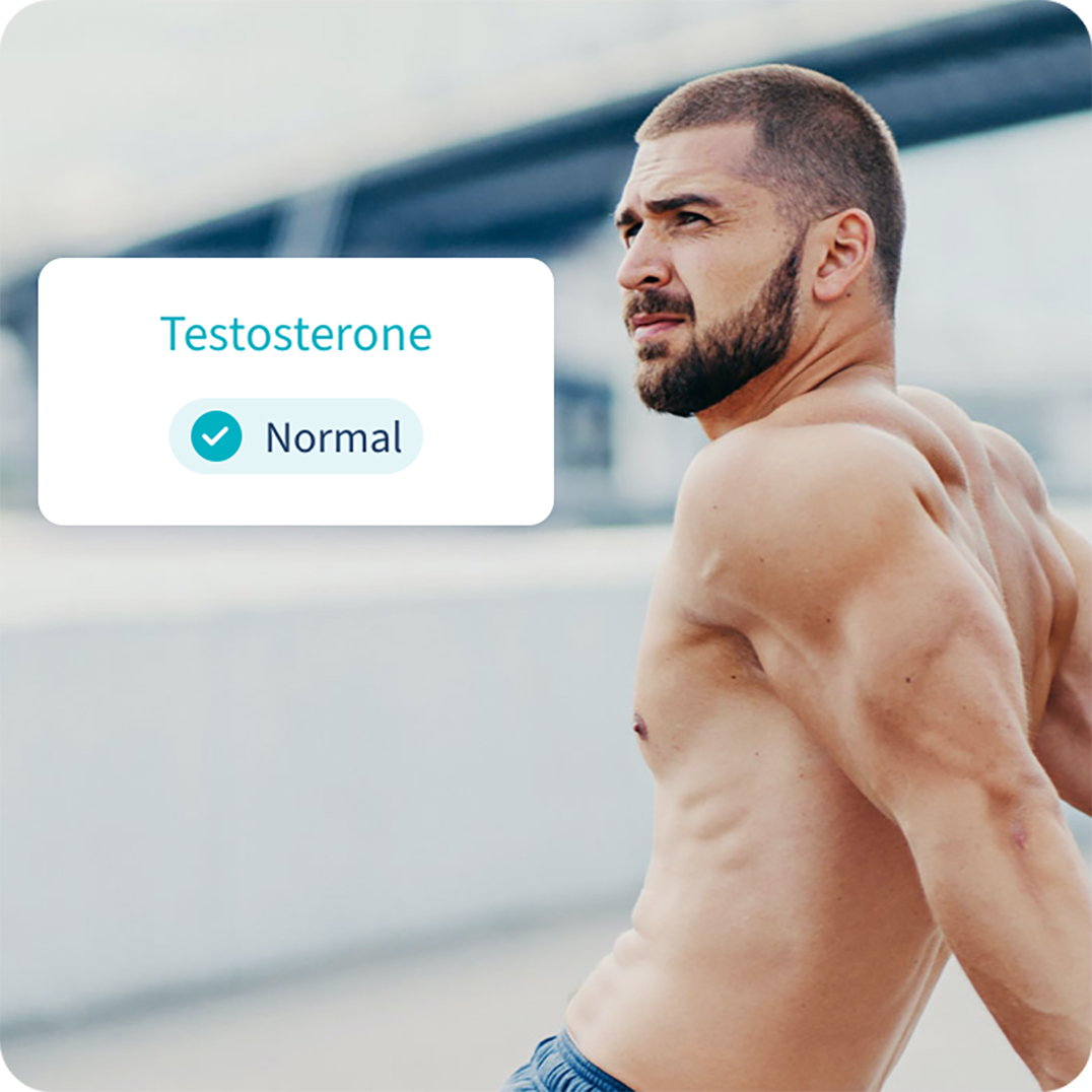 Collage showing a physically fit man beside a phone notification that says: ''Testosterone - Normal.''