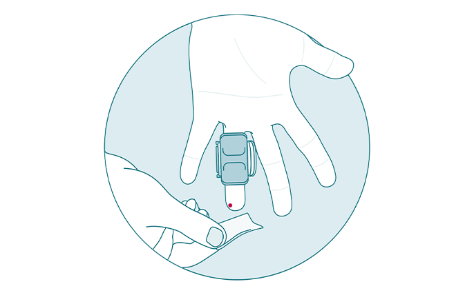 Illustration of gauze wiping first drop of blood.