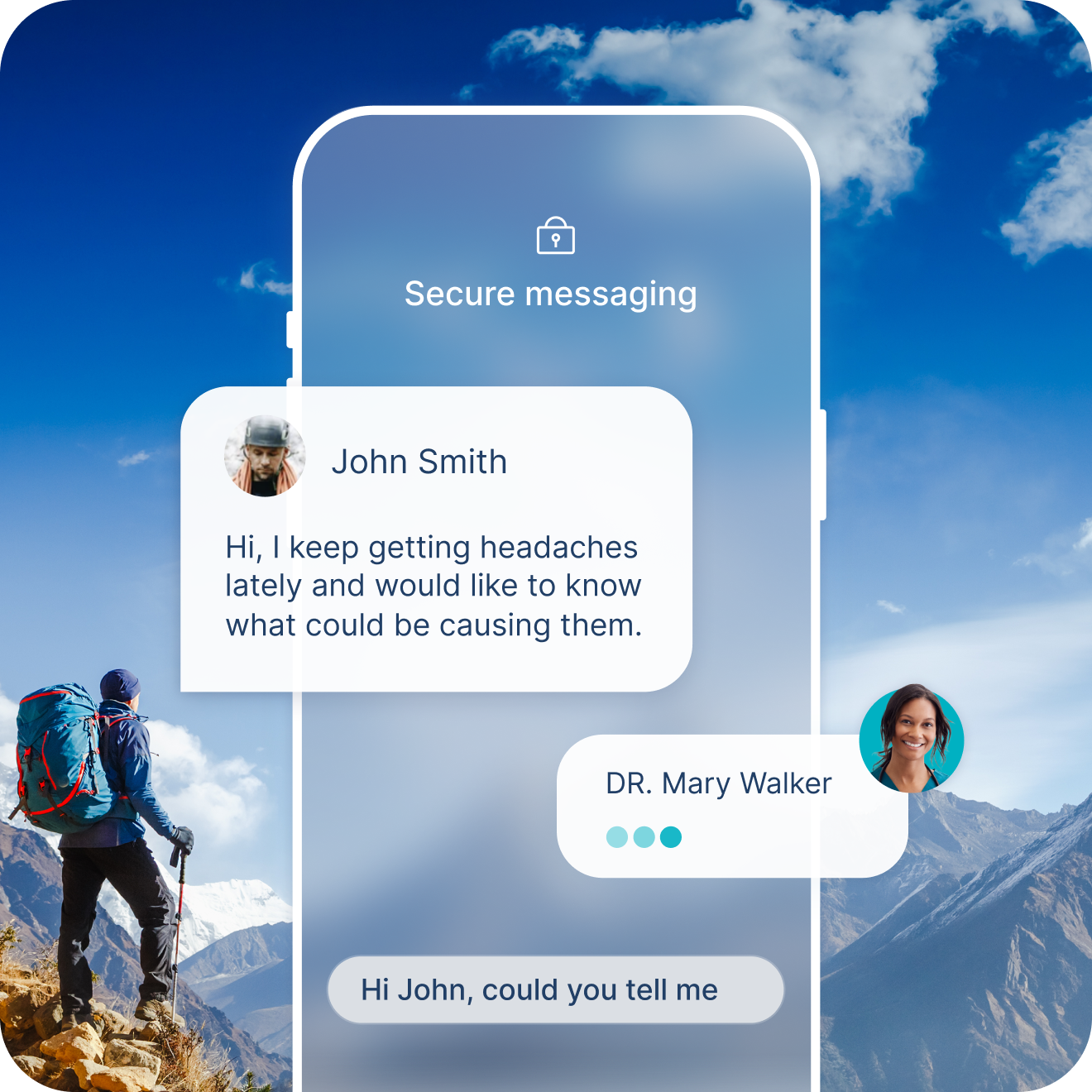 Person hiking in the mountains with a large backpack, overlaid with a transparent smartphone graphic showing a secure chat between a patient and a doctor via the LetsGetChecked app.