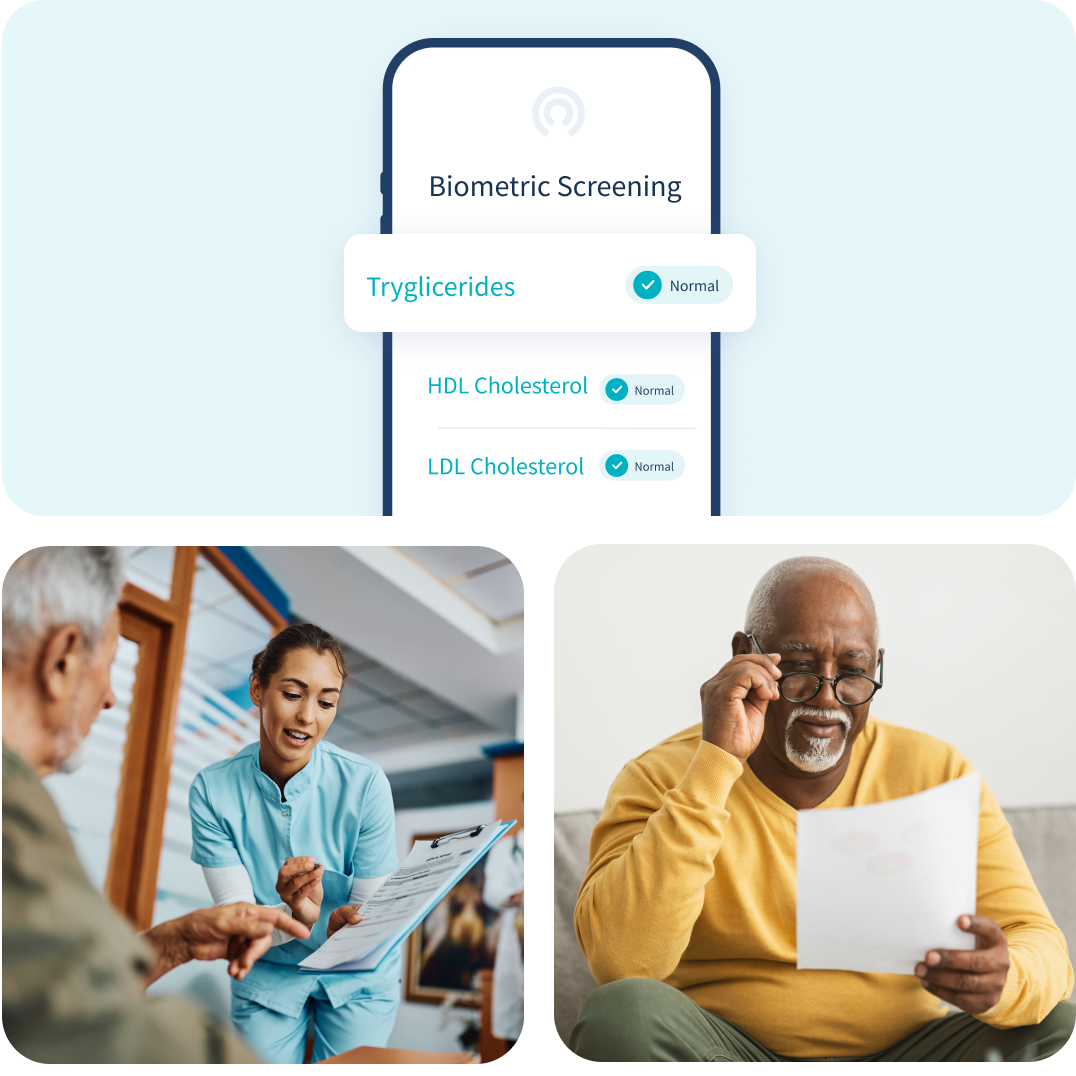 Collage of biometric screening results on a phone, a clinician reviewing results with a patient, and a man reading a printed letter at home. Collage of biometric screening results on a phone, a clinician reviewing results with a patient, and a man reading a printed letter at home.