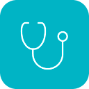 Teal icon of a stethoscope.