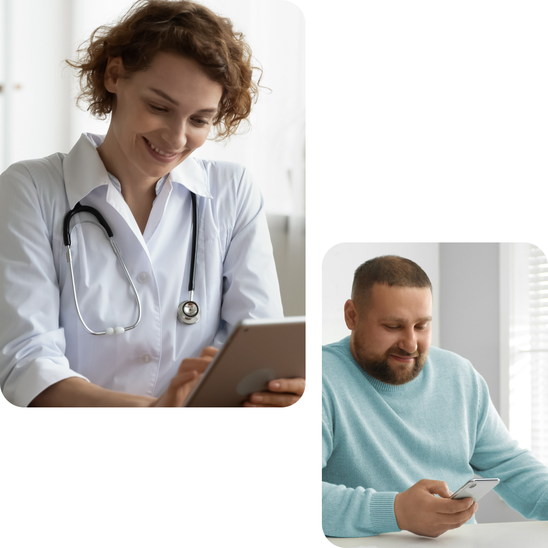 Collage showing a female doctor smiling while using a tablet, next to a man using his phone. Collage showing a female doctor smiling while using a tablet, next to a man using his phone.