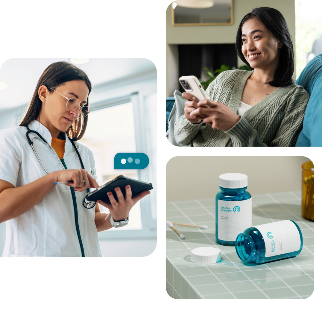 Collage showing a healthcare professional typing a response on her tablet, a woman looking at her phone, and a few prescription pill bottles on a bathroom counter. Collage showing a healthcare professional typing a response on her tablet, a woman looking at her phone, and a few prescription pill bottles on a bathroom counter.