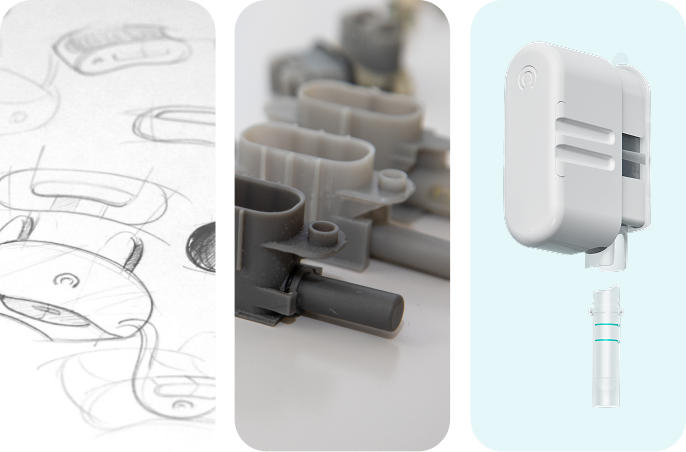 Collage showing the design evolution of a medical device, from early sketches and prototypes to the final wearable form. Collage showing the design evolution of a medical device, from early sketches and prototypes to the final wearable form.
