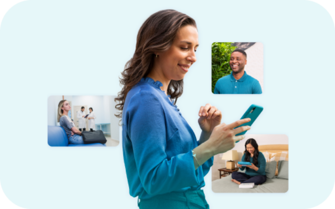 Woman smiling at her phone. Woman smiling at her phone.