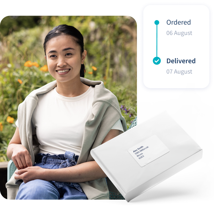 Letsgetchecked female customer happy to receive their Letsgetchecked test kit. At the same time, her Letsgetchecked app status changes from 'ordered' to 'delivered'.