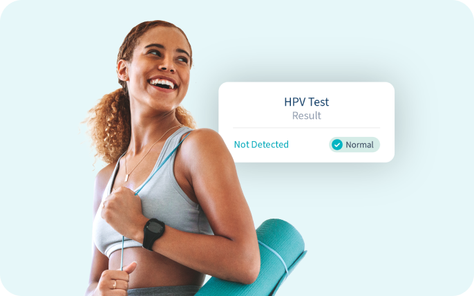 Woman wearing gym set, with a pop-up notification of her HPV result marked as "Normal." Woman wearing gym set, with a pop-up notification of her HPV result marked as "Normal."