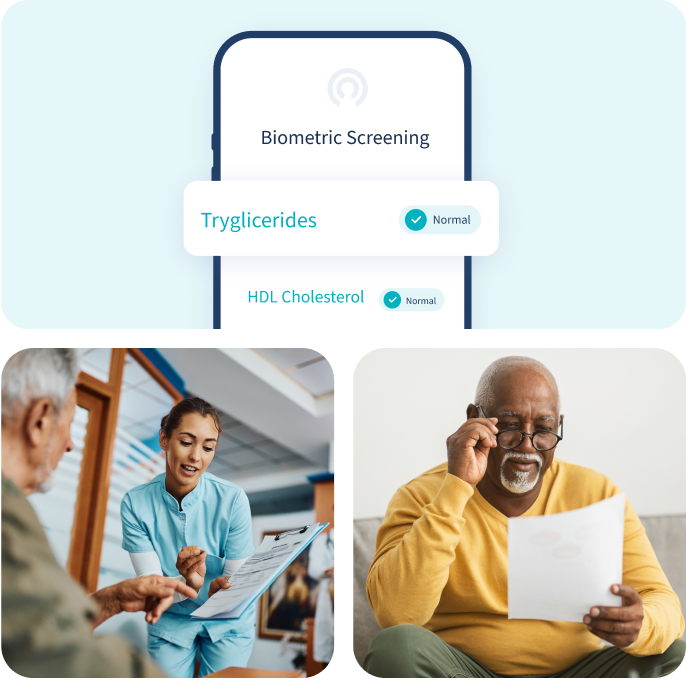 Collage of biometric screening results on a phone, a clinician reviewing results with a patient, and a man reading a printed letter at home.