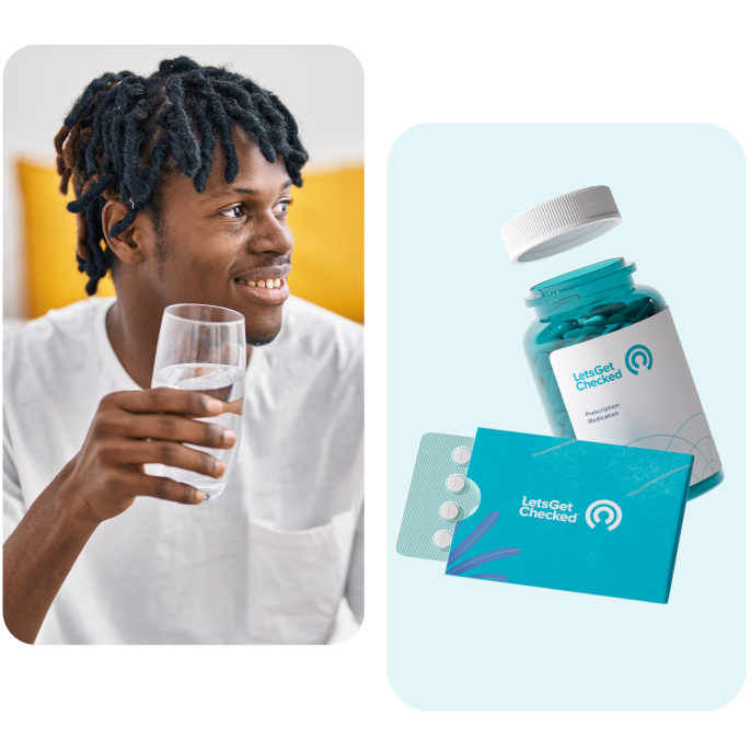 Collage of a smiling man holding a glass of water and a LetsGetChecked branded medication bottle, and tablets.