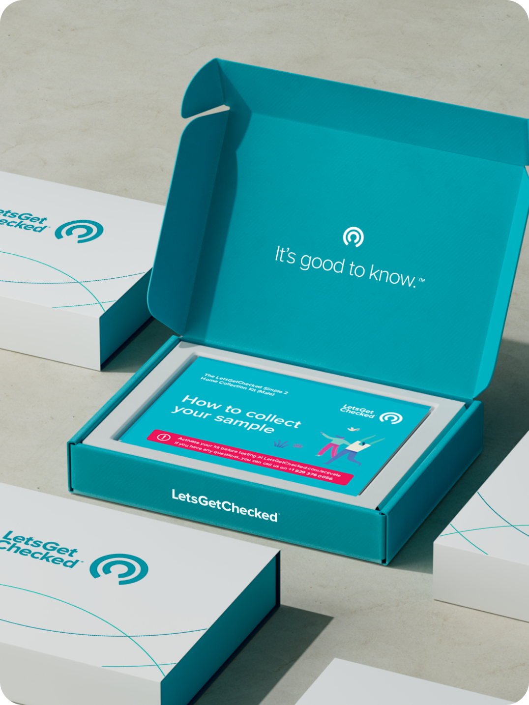 Several closed LetsGetChecked kit boxes, one open showing an instructional pamphlet inside, and text that reads: "It's good to know". Several closed LetsGetChecked kit boxes, one open showing an instructional pamphlet inside, and text that reads: "It's good to know".