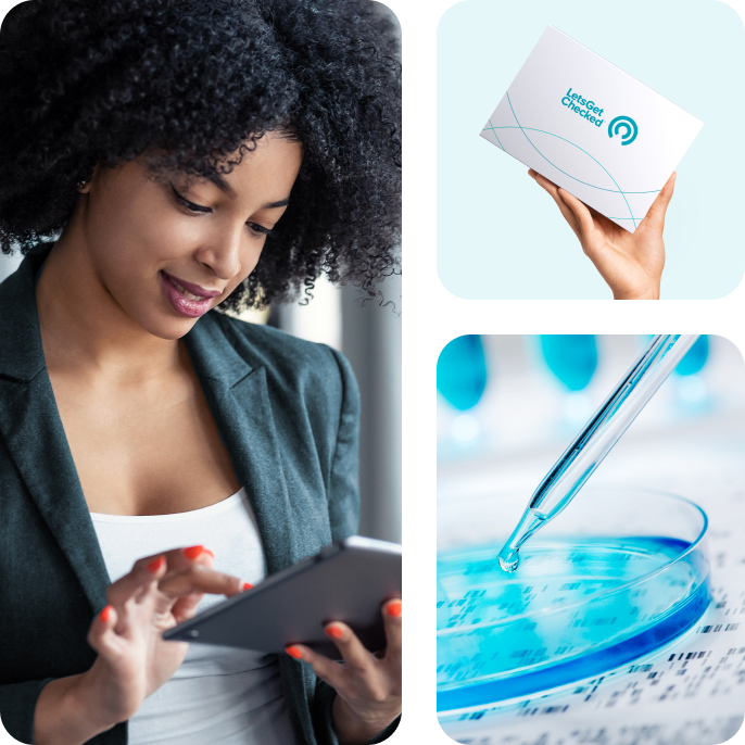 Collage showing a woman looking art her tablet, beside a hand holding a LetsGetChecked kit box, and a pipette dispensing liquid into a petri dish.