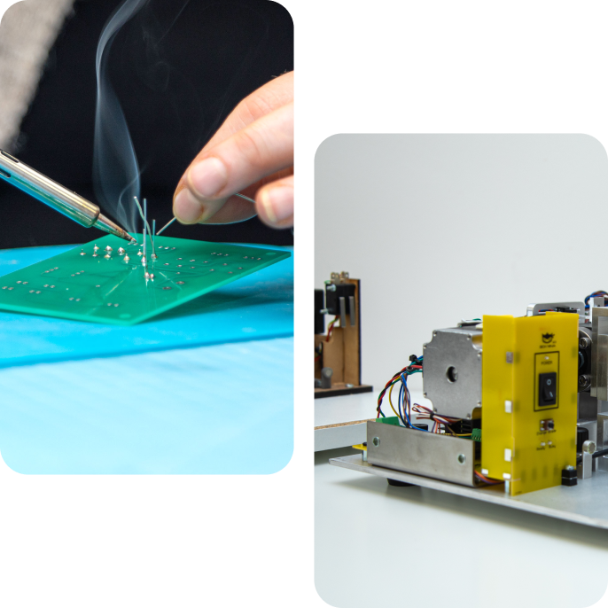 Collage showing a person soldering a circuit board, next to a close-up of the internal components in the device. Collage showing a person soldering a circuit board, next to a close-up of the internal components in the device.