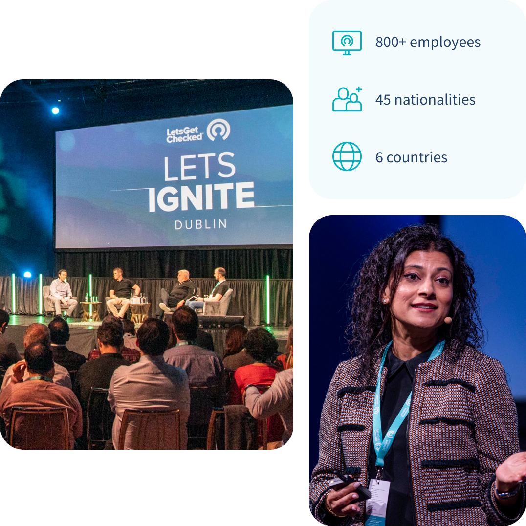 Collage showing a LetsGetChecked ''Let's Ignite'' panel discussion in Dublin, next to a woman in professional attire presenting the event.