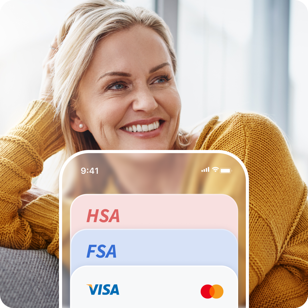 Smiling woman sits comfortably indoors, with an overlaid graphic screen displaying HSA, FSA, and VISA cards for payment.