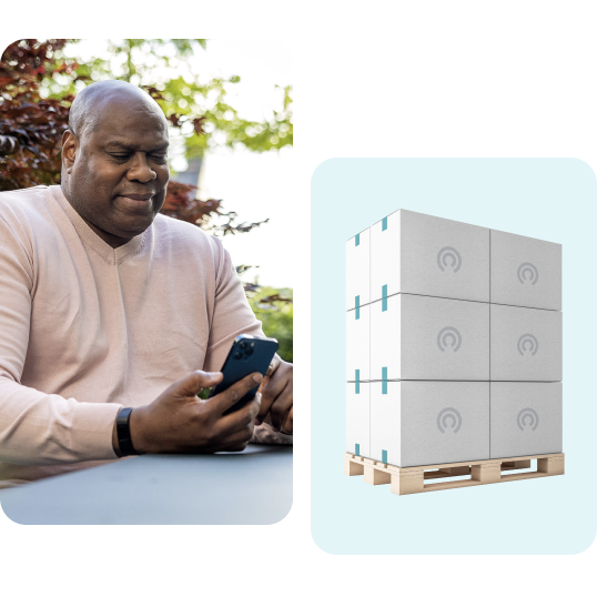 Collage of a man outdoors using his smartphone, next to a stack of LetsGetChecked-branded boxes on a wooden pallet.