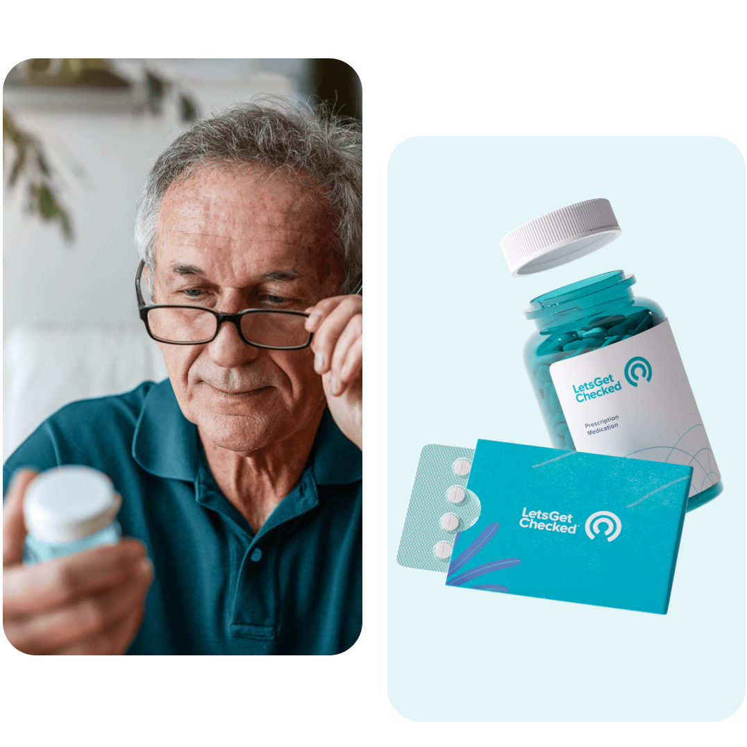 Collage of an older man examining a medication bottle and a LetsGetChecked-branded medication bottle and tablets.