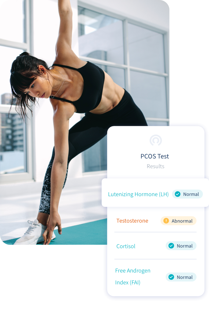 Image of a woman doing yoga with a small illustration of her PCOS results on a mobile device.  