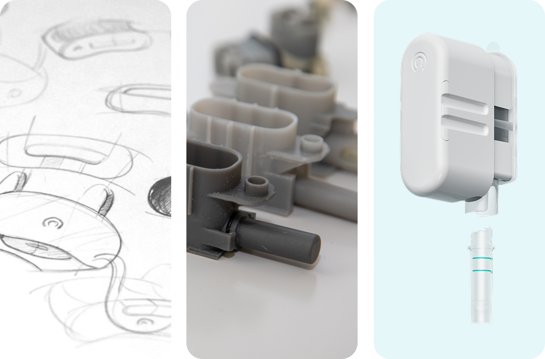 Collage showing the design evolution of a medical device, from early sketches and prototypes to the final wearable form. Collage showing the design evolution of a medical device, from early sketches and prototypes to the final wearable form.