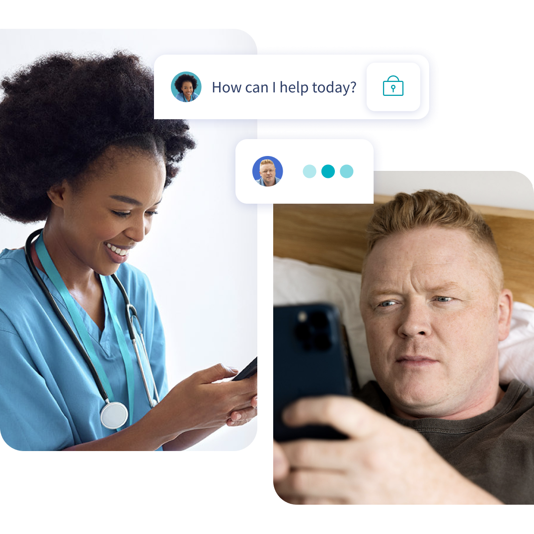 Collage of a female physician in scrubs messaging on a smartphone, next to a man lying in bed reading his phone.