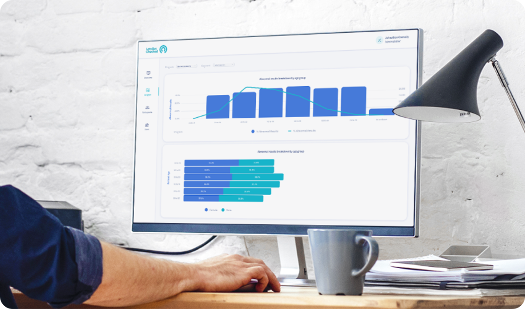 Person working at a desk with a computer displaying data dashboards and charts.