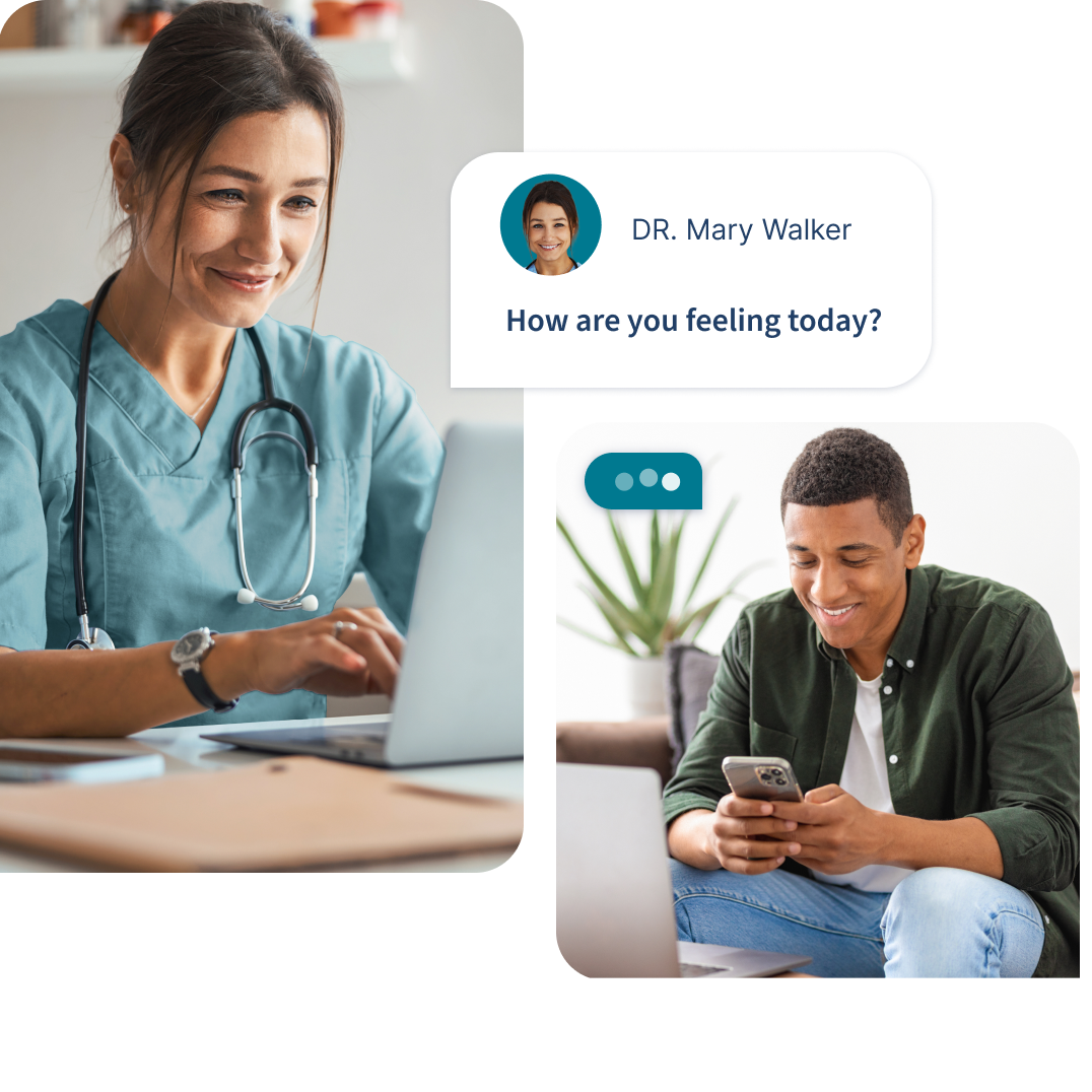 Collage showing a clinician messaging a patient through a telehealth platform, with the patient smiling while using their phone.