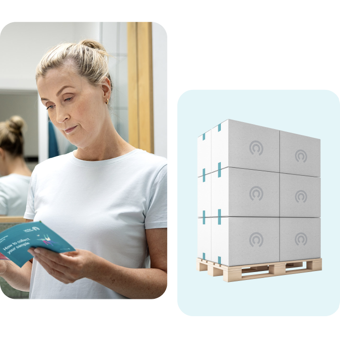 Collage of a woman reading health kit instructions and a stack of LetsGetChecked branded boxes on a pallet.