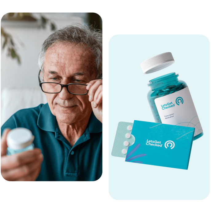 Collage of an older man examining a medication bottle and a LetsGetChecked-branded medication bottle and tablets.