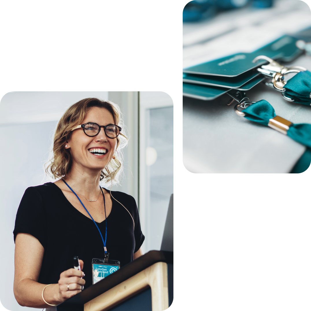 Collage a smiling woman speaking at a podium, next to a close-up of stacked conference lanyards with badge clips.
