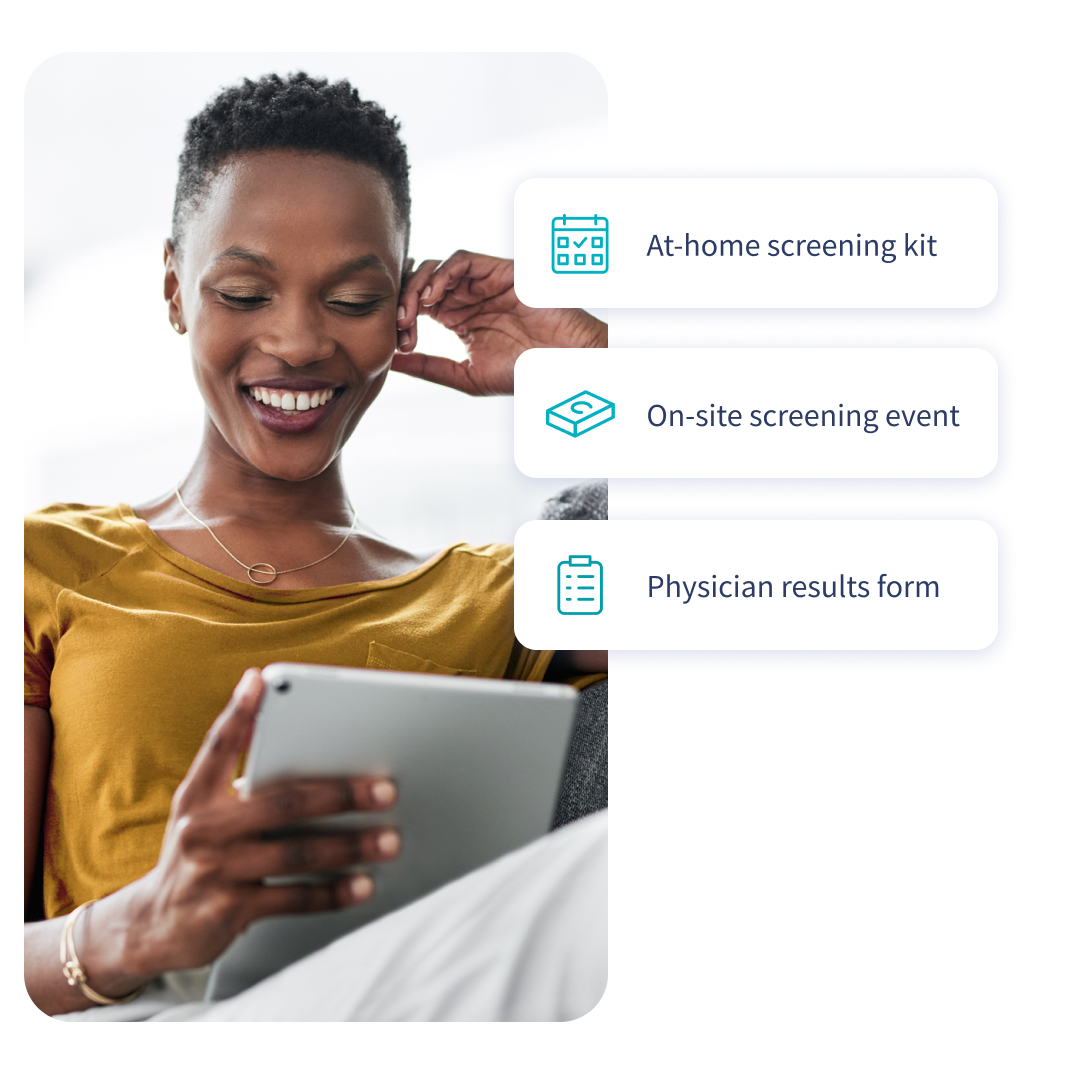 Content woman looking at a tablet, with screening options listed beside her.