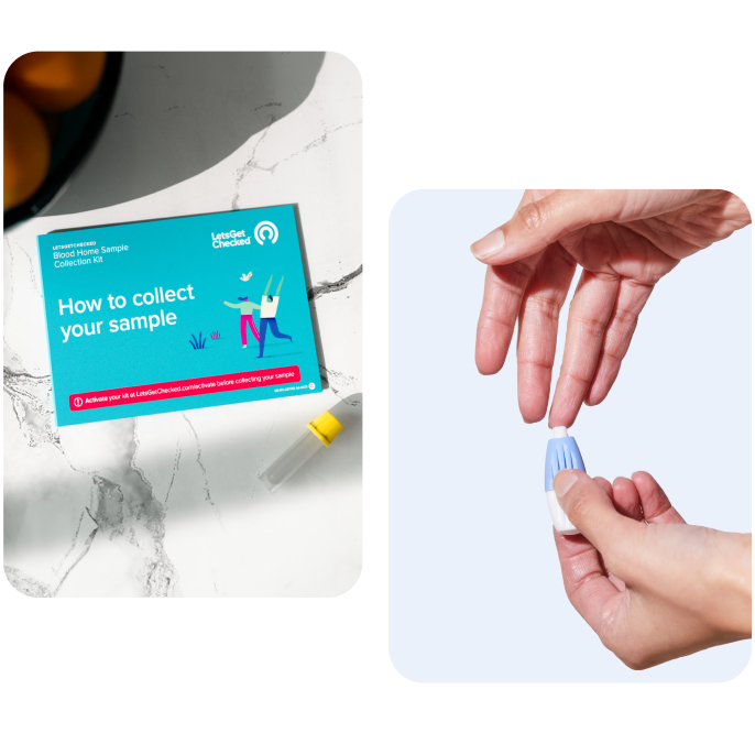 Collage showing LetsGetChecked instructions pamphlet on how to collect your sample, next to a close-up of a person pricking their finger. Collage showing LetsGetChecked instructions pamphlet on how to collect your sample, next to a close-up of a person pricking their finger.