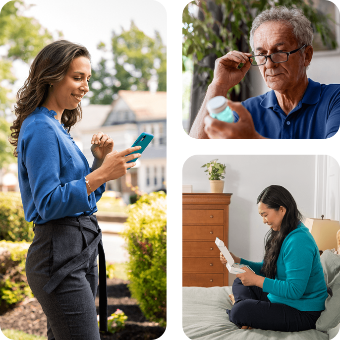 Woman looking at phone, man looking at medication, woman opening test box