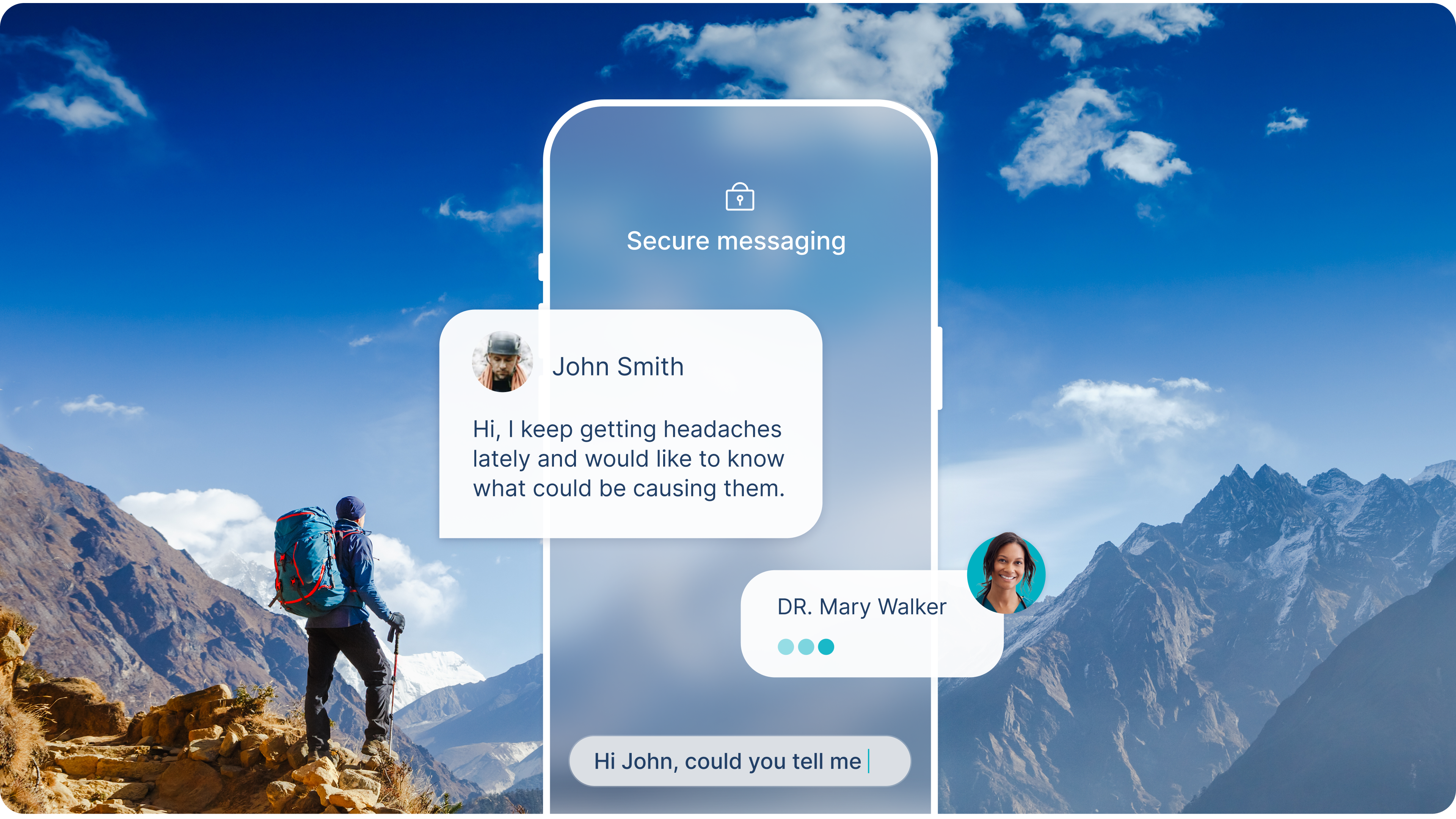 Person hiking in the mountains with a large backpack, overlaid with a transparent smartphone graphic showing a secure chat between a patient and a doctor via the LetsGetChecked app.