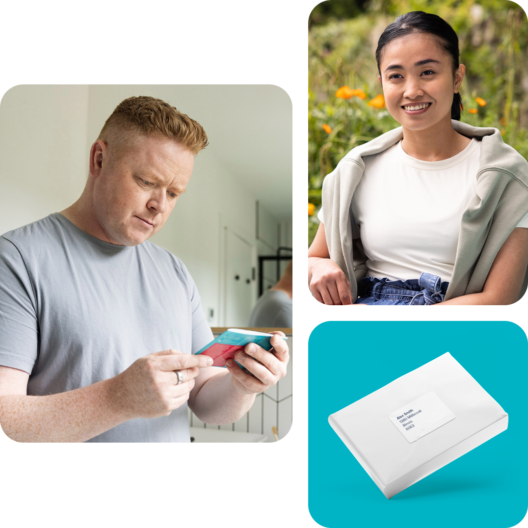 Collage showing a man reading kit instructions, a woman smiling outdoors, and a LetsGetChecked kit. Collage showing a man reading kit instructions, a woman smiling outdoors, and a LetsGetChecked kit.