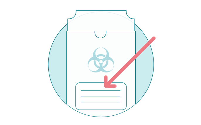 Biohazard bag with a red arrow pointing to label. Biohazard bag with a red arrow pointing to label.