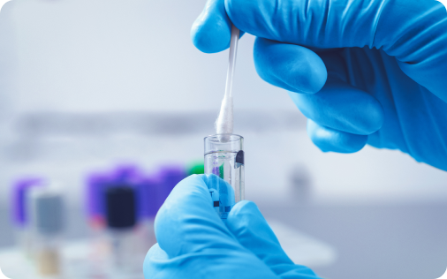Gloved hand placing swab sample in a tube.