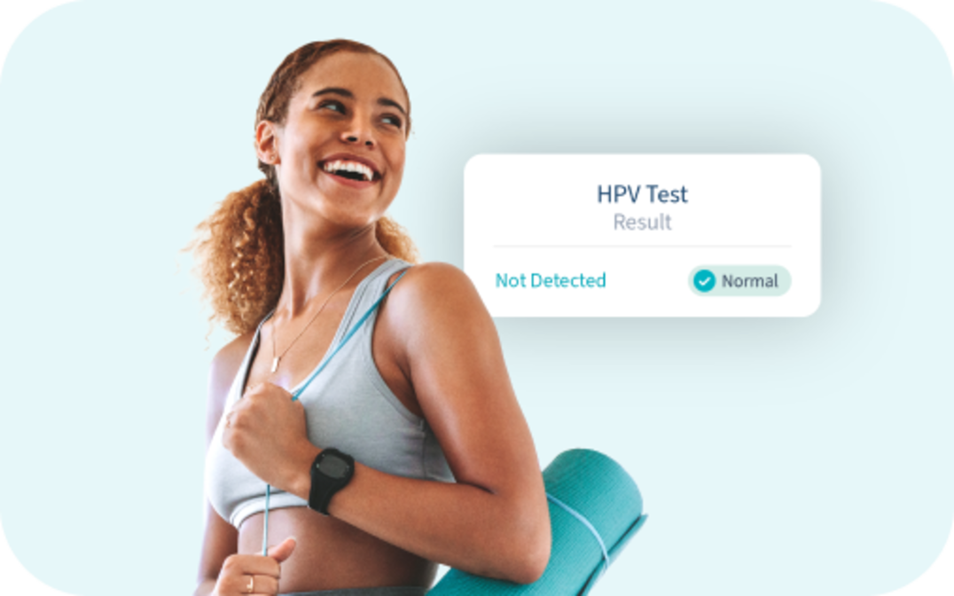 Woman wearing gym set, with a pop-up notification of her HPV result marked as "Normal." Woman wearing gym set, with a pop-up notification of her HPV result marked as "Normal."
