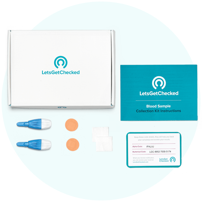 Illustration of test kit contents from LetsGetChecked Illustration of test kit contents from LetsGetChecked