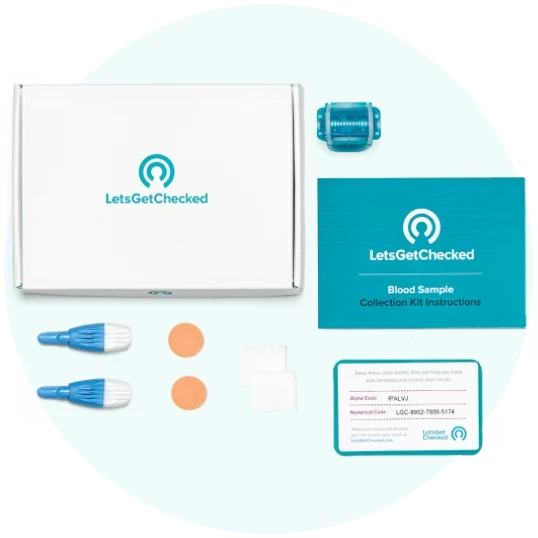 Illustration of test kit contents from LetsGetChecked Illustration of test kit contents from LetsGetChecked