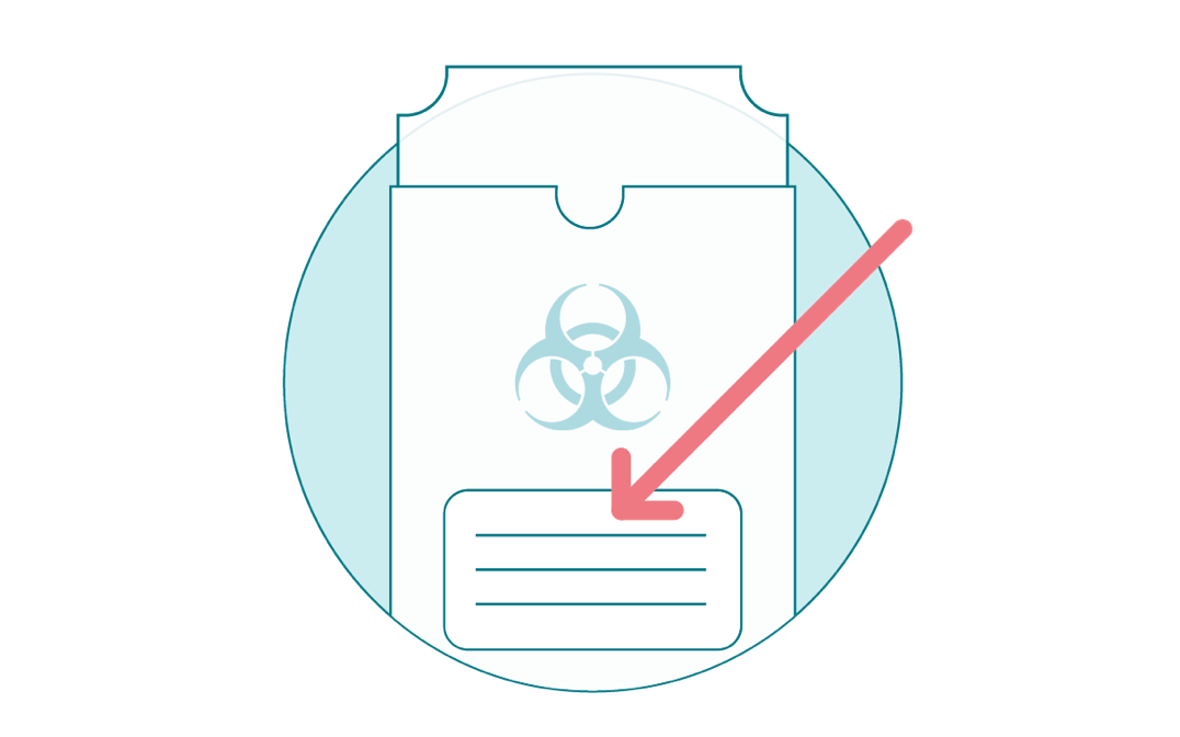 Biohazard bag with a red arrow pointing to label. Biohazard bag with a red arrow pointing to label.