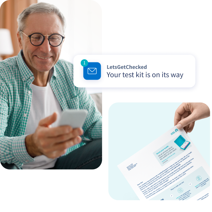 Older man smiling at phone with message saying, 'Your test kit is on its way'. 