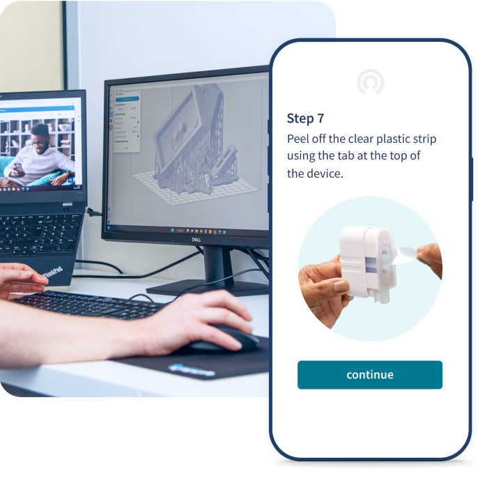 Product designer working on a 3D model of a medical device on a computer, alongside a smartphone screen showing usage instructions. Product designer working on a 3D model of a medical device on a computer, alongside a smartphone screen showing usage instructions.
