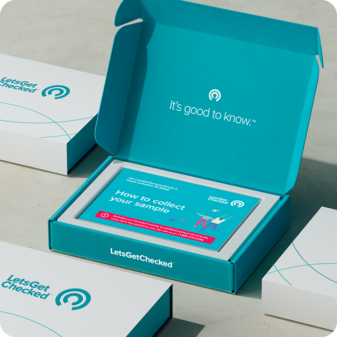 Several closed LetsGetChecked kit boxes, one open showing an instructional pamphlet inside, and text that reads: "It's good to know". Several closed LetsGetChecked kit boxes, one open showing an instructional pamphlet inside, and text that reads: "It's good to know".