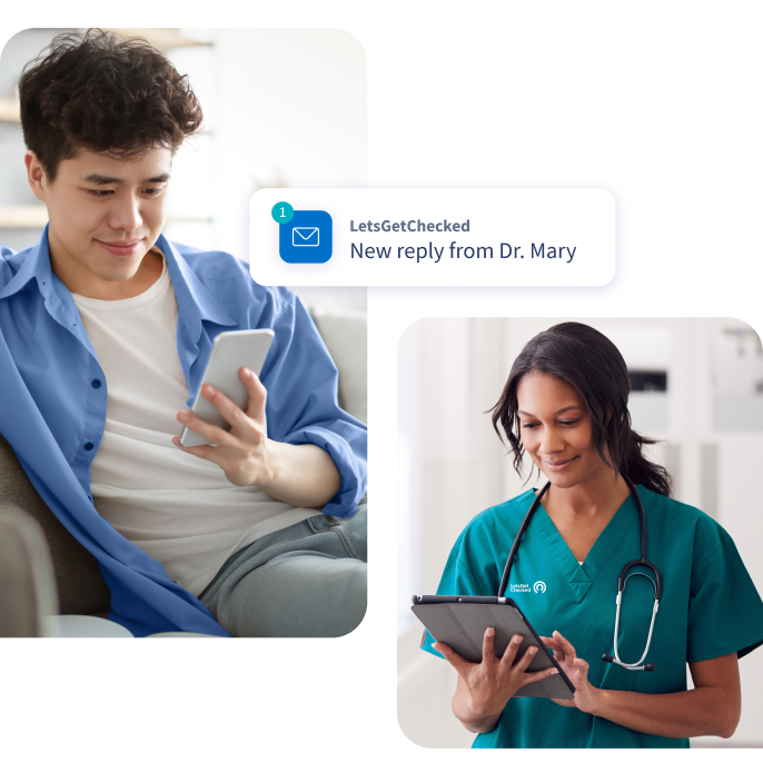 Collage showing a young man reading a message from a doctor on his phone, with an overlaid notification reading ''New reply from Dr. Mary,'' and a female clinician reviewing a tablet.