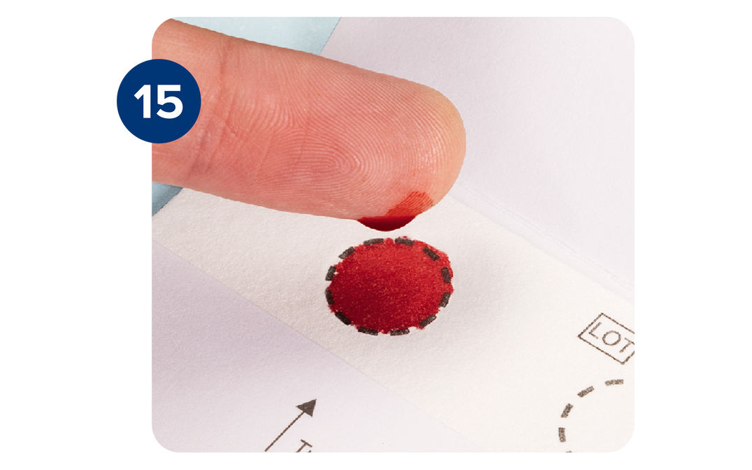 A fingertip is shown hovering over a blood sample collection card. The circle that needs to be filled for a sample to be valid is filled with blood. A fingertip is shown hovering over a blood sample collection card. The circle that needs to be filled for a sample to be valid is filled with blood.